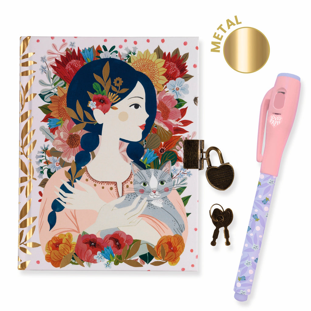 Illustrated diary with a floral design shows a woman with a cat, surrounded by colorful flowers. Includes a heart-shaped lock, keys, and a pink pen.