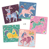 A stencil set featuring reusable plastic stencils with elegant horse designs for kids to trace and colour.