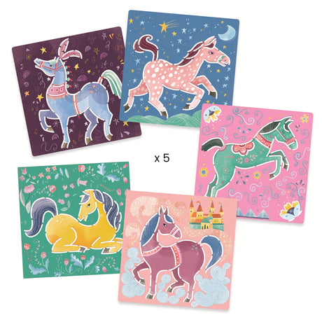 A stencil set featuring reusable plastic stencils with elegant horse designs for kids to trace and colour.
