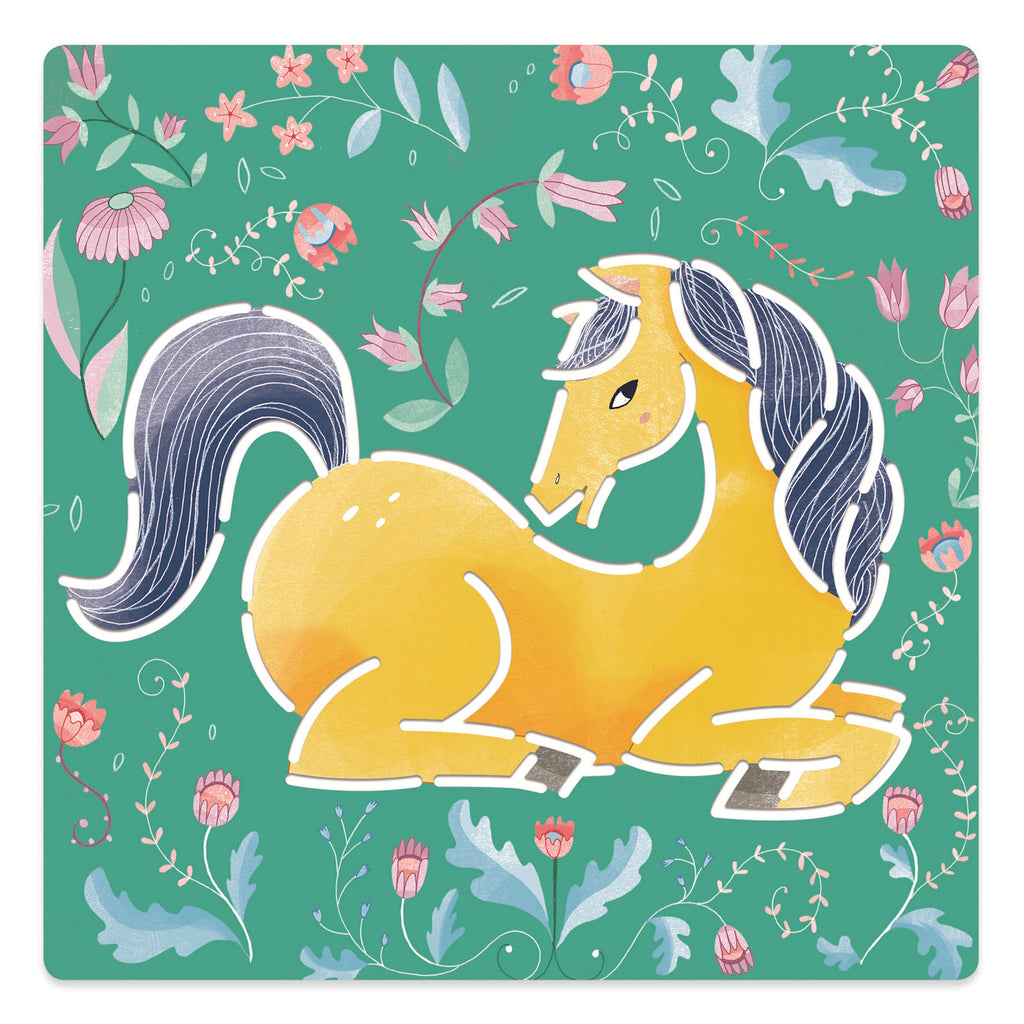 A stencil set featuring reusable plastic stencils with elegant horse designs for kids to trace and colour.