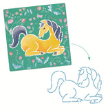 A stencil set featuring reusable plastic stencils with elegant horse designs for kids to trace and colour.