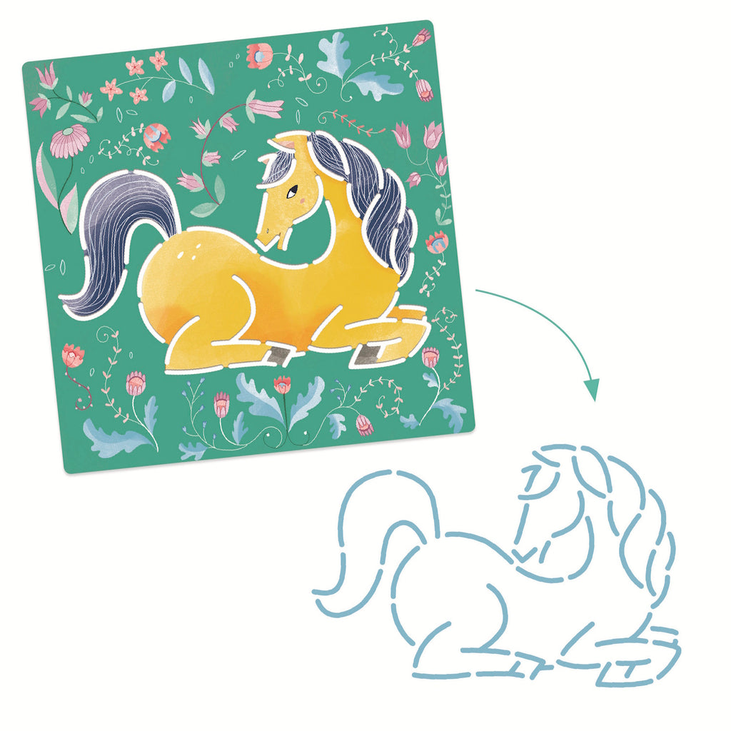 A stencil set featuring reusable plastic stencils with elegant horse designs for kids to trace and colour.