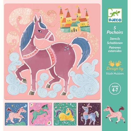 A stencil set featuring reusable plastic stencils with elegant horse designs for kids to trace and colour.