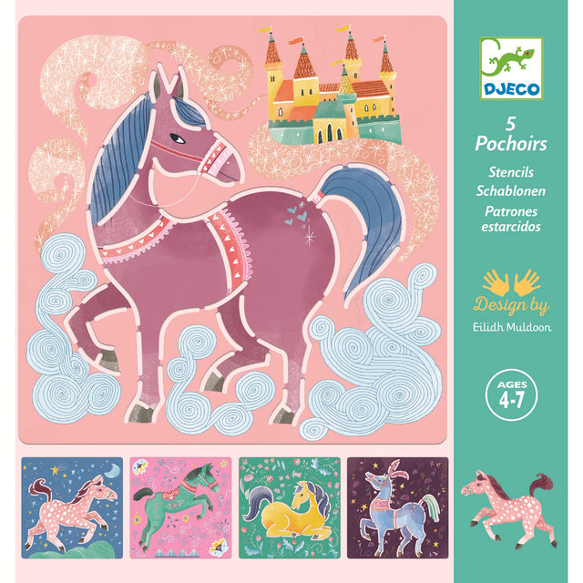 A stencil set featuring reusable plastic stencils with elegant horse designs for kids to trace and colour.