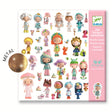 Colorful sticker sheet showing diverse cartoon characters in playful costumes, including animals and mythical themes. Packaging highlights metallic accents.