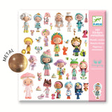 Colorful sticker sheet showing diverse cartoon characters in playful costumes, including animals and mythical themes. Packaging highlights metallic accents.
