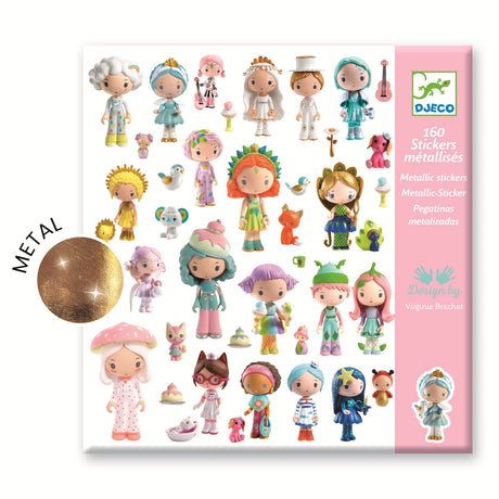 Colorful sticker sheet showing diverse cartoon characters in playful costumes, including animals and mythical themes. Packaging highlights metallic accents.