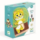 Box of Djeco "Arbra Mix" toy for ages 2+, featuring a wooden leopard puzzle on a tree. Colorful animal illustrations are visible on the side.