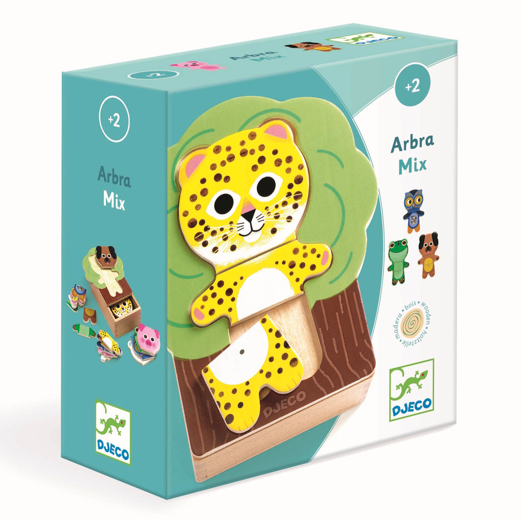 Box of Djeco "Arbra Mix" toy for ages 2+, featuring a wooden leopard puzzle on a tree. Colorful animal illustrations are visible on the side.