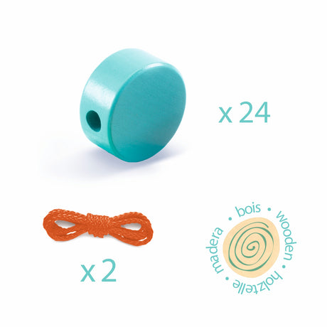 Colorful wooden beads in various shapes, designed for threading activities, packaged by Djeco.