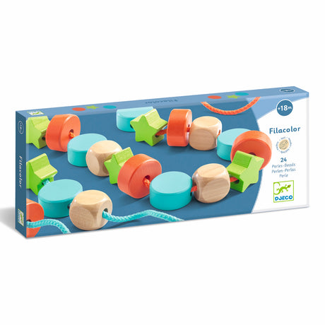 Colorful wooden beads in various shapes, designed for threading activities, packaged by Djeco.