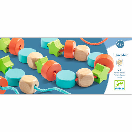 Colorful wooden beads in various shapes, designed for threading activities, packaged by Djeco.