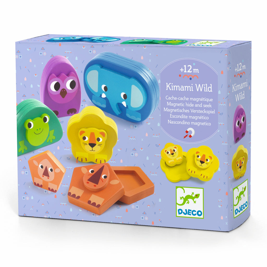 A colorful collection of six animal-themed wooden shapes, including a frog, owl, lion, elephant, and two geometric shapes.