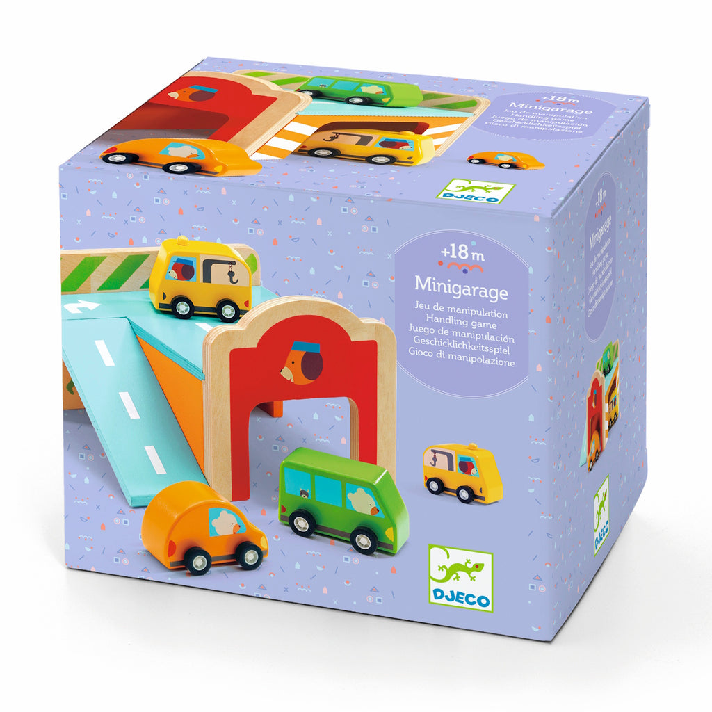 A colorful toy packaging box with a playful design, displaying a wooden mini garage playset for ages 18 months and up, featuring small vehicles and ramps.