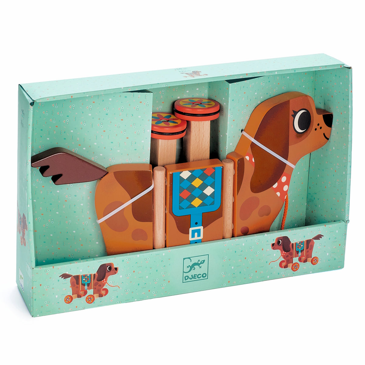 A colorful wooden pull-along toy dog with wheels, a patterned saddle, and a leash, designed for playful imagination.