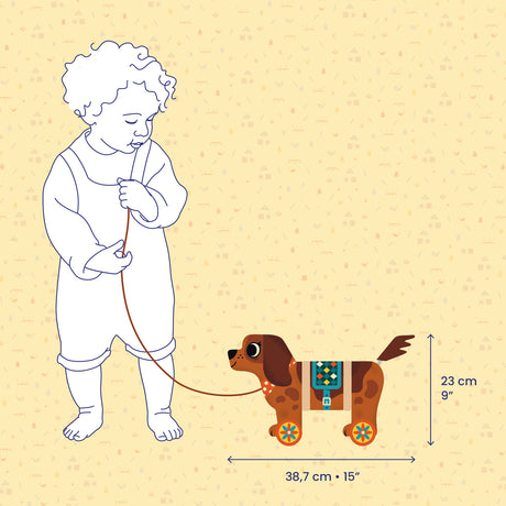 A colorful wooden pull-along toy dog with wheels, a patterned saddle, and a leash, designed for playful imagination.