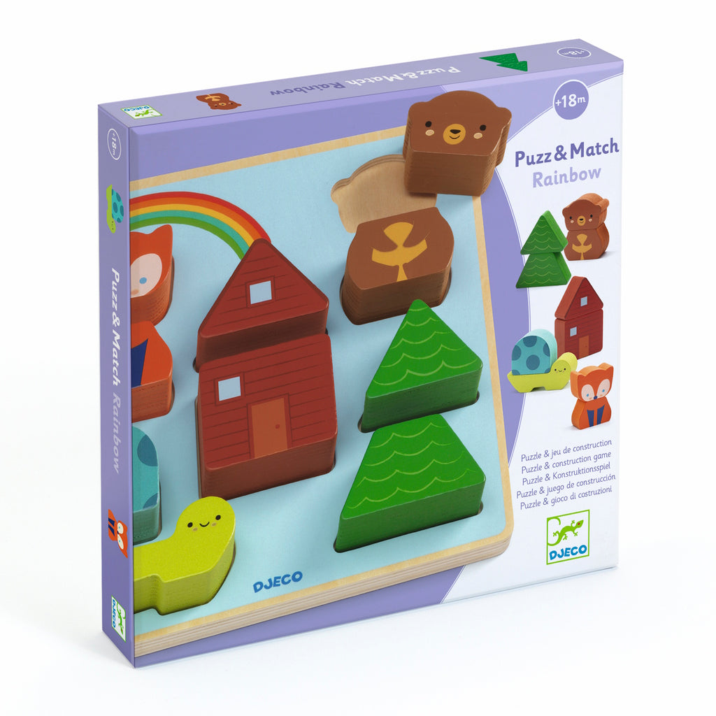 Toy box with colorful wooden puzzle pieces depicting a fox, bear, trees, house, and a rainbow. Text reads "Puzz & Match Rainbow, 18m+" with brand DJECO.