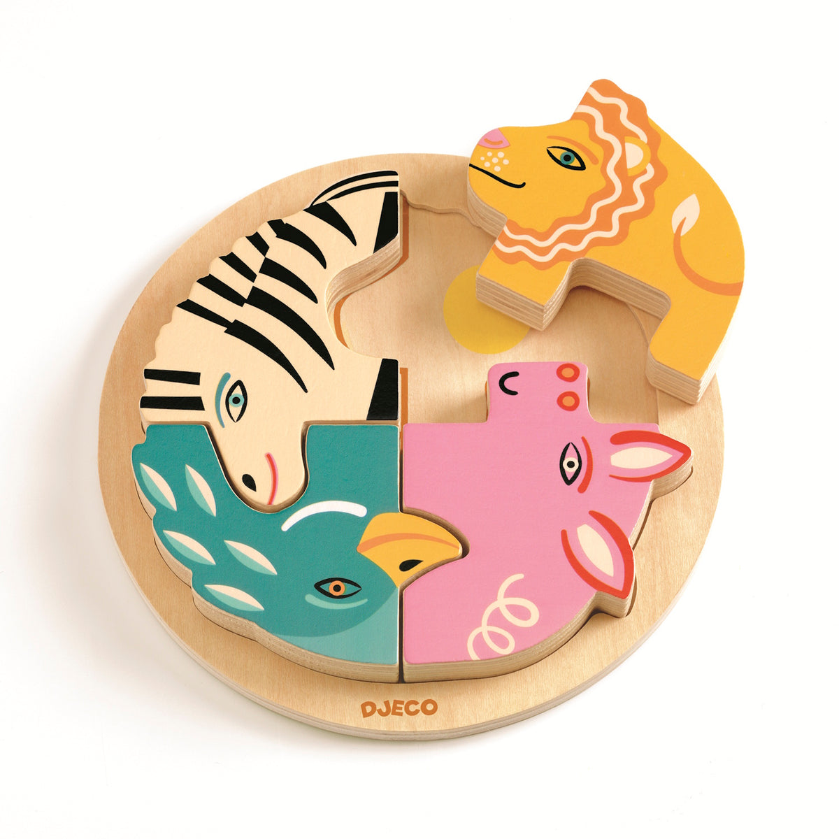 Djeco wooden animal puzzle for toddlers featuring a colorful lion, zebra, bird, and pig on a circular base.