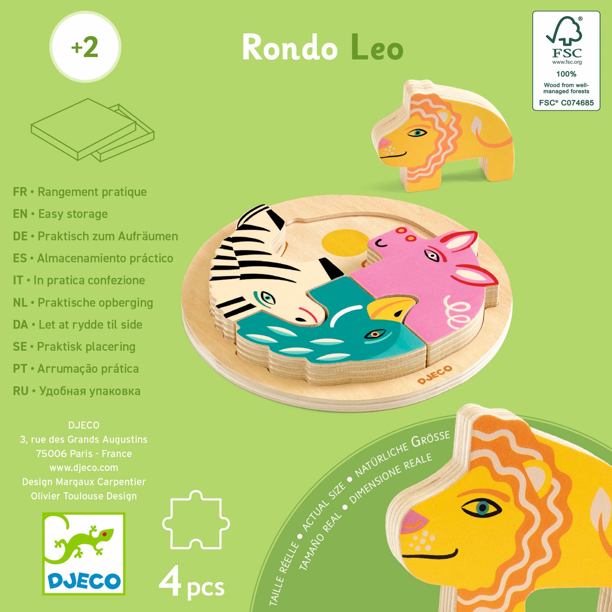 Djeco Rondo Leo 4-piece wooden animal puzzle for toddlers featuring a lion, zebra, bird, and hippo.