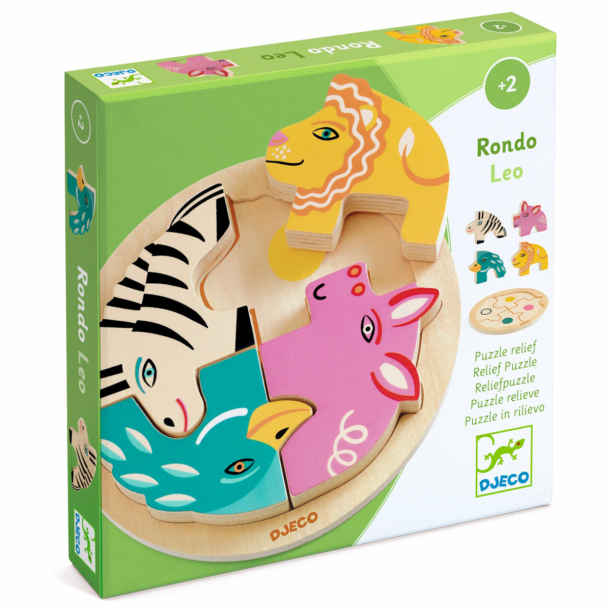 Djeco Rondo Leo wooden relief puzzle for toddlers featuring colorful lion, zebra, and bird animal pieces.