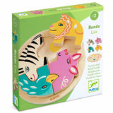 Djeco Rondo Leo wooden relief puzzle for toddlers featuring colorful lion, zebra, and bird animal pieces.
