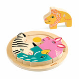 Djeco wooden animal puzzle for toddlers featuring a colorful lion, zebra, bird, and hippopotamus.