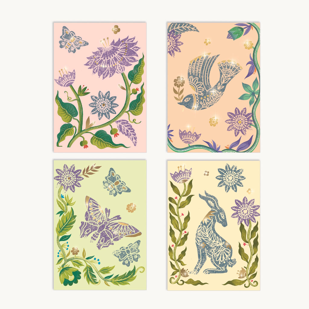 Four illustrated cards featuring vibrant flowers, butterflies, a bird, and a rabbit, all with intricate designs on pastel backgrounds.