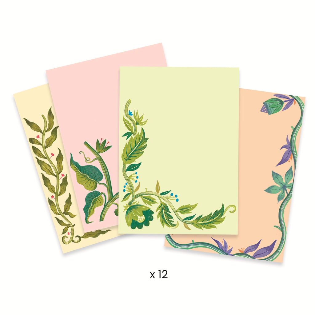 Four illustrated cards featuring vibrant flowers, butterflies, a bird, and a rabbit, all with intricate designs on pastel backgrounds.