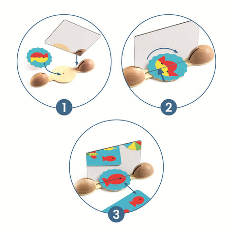Colorful memory game set featuring aquatic and whimsical creature cards, a mirror, and a wooden holder on a white background.