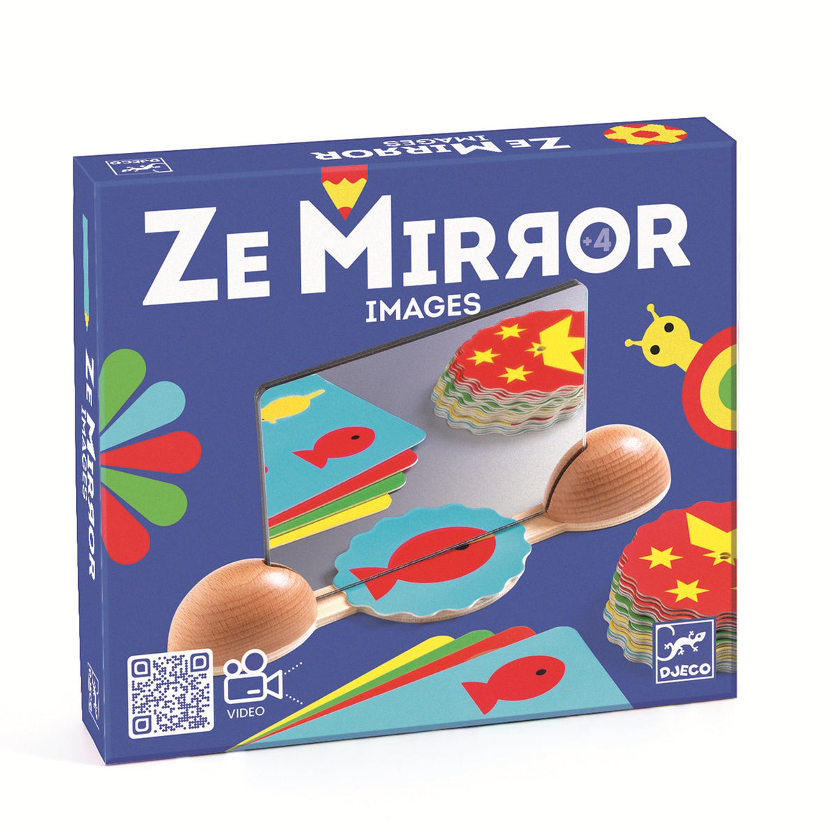 Colorful memory game set featuring aquatic and whimsical creature cards, a mirror, and a wooden holder on a white background.