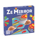 Colorful memory game set featuring aquatic and whimsical creature cards, a mirror, and a wooden holder on a white background.