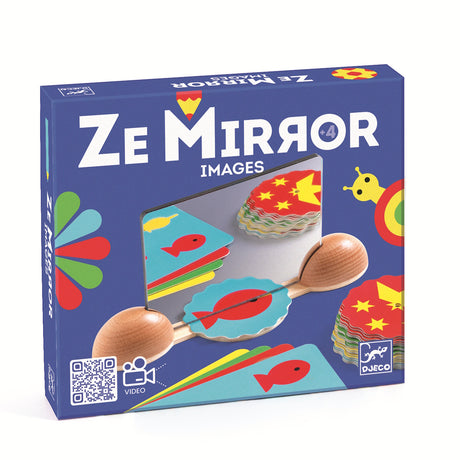 Colorful memory game set featuring aquatic and whimsical creature cards, a mirror, and a wooden holder on a white background.