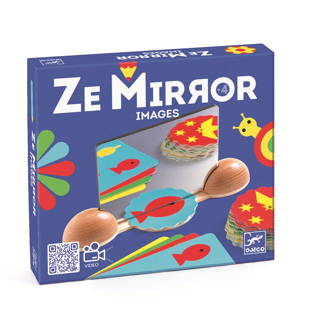 Colorful memory game set featuring aquatic and whimsical creature cards, a mirror, and a wooden holder on a white background.