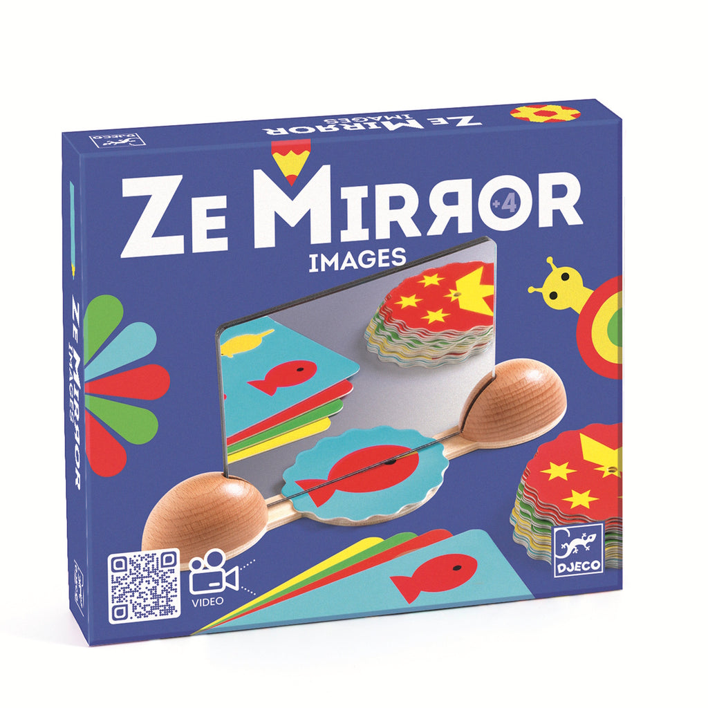 Colorful memory game set featuring aquatic and whimsical creature cards, a mirror, and a wooden holder on a white background.