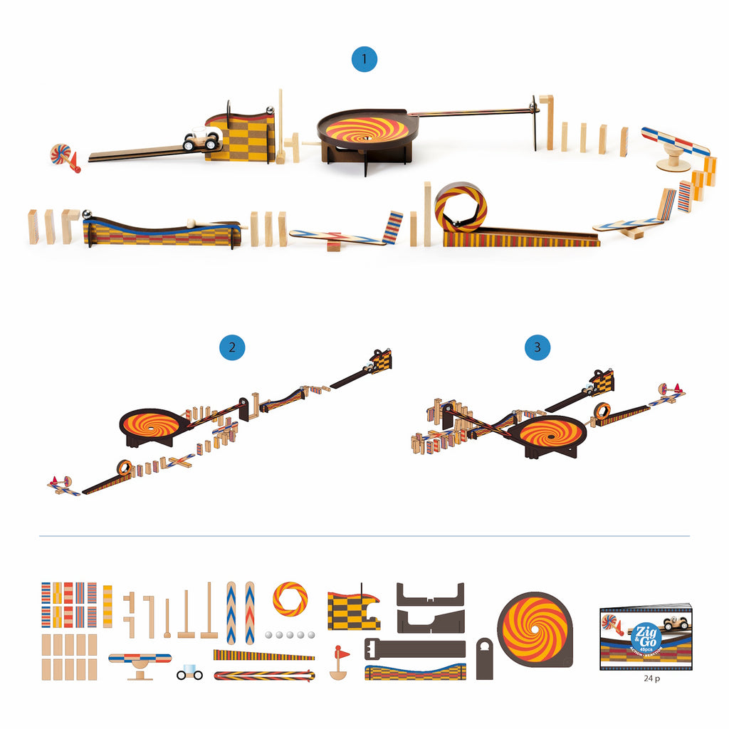 The set includes 45 pieces, combining wooden elements and metal marbles to construct dynamic action-reaction courses.​