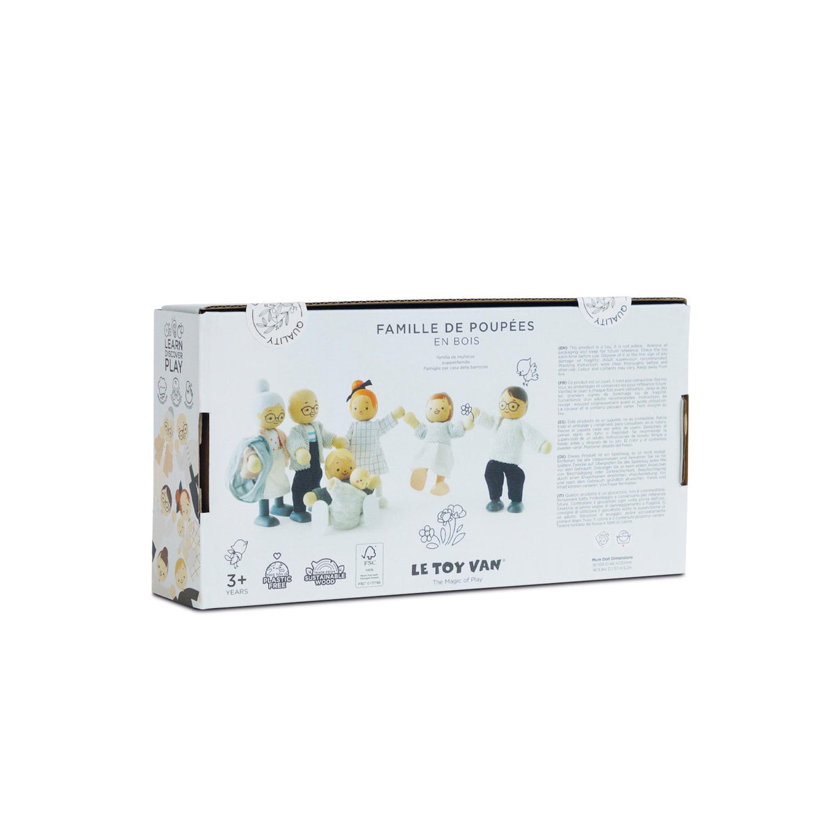 Back of the Le Toy Van Wooden Dolls House Family product packaging box.