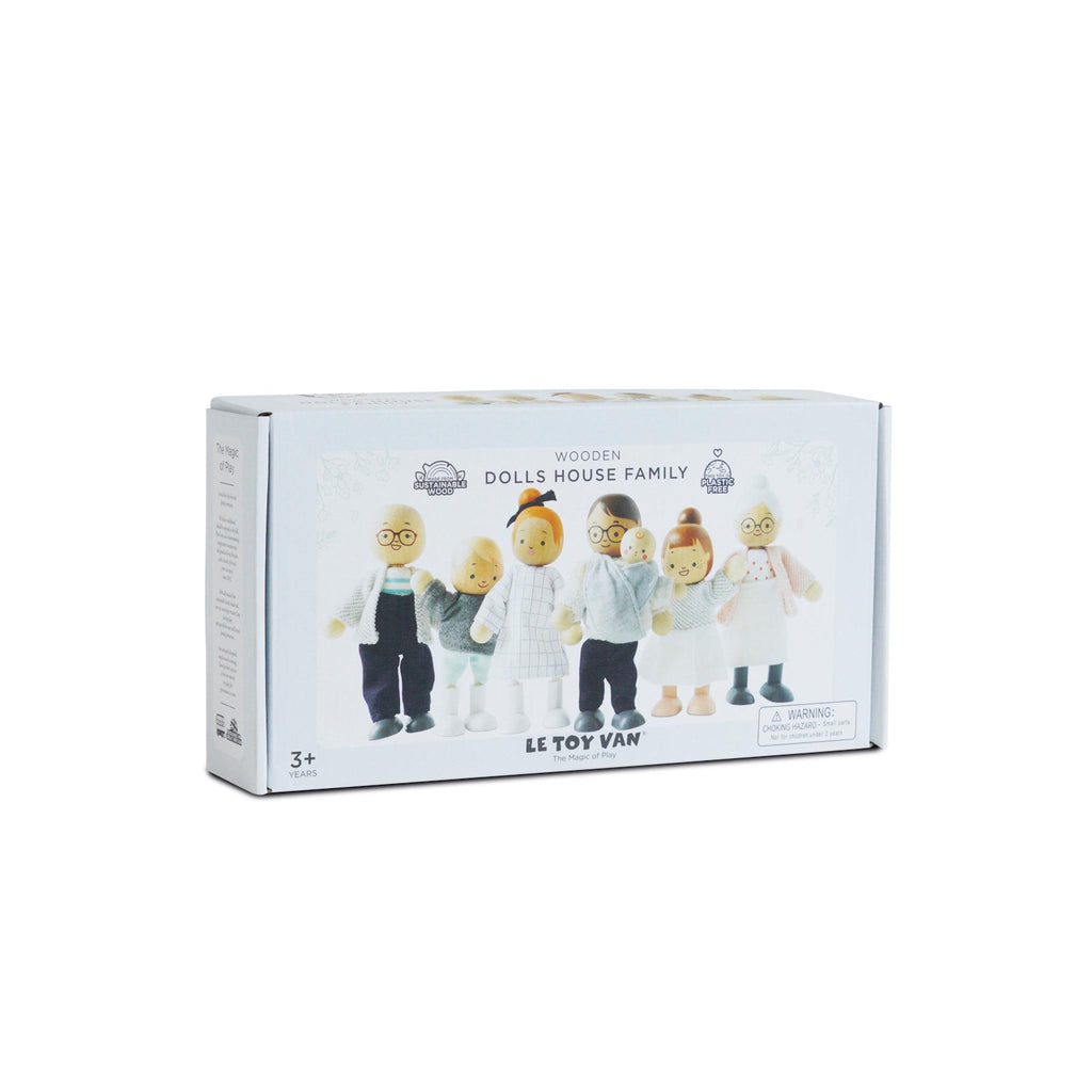 Box of wooden dolls featuring a diverse family in colorful, casual outfits. Smiling expressions create a joyful, welcoming atmosphere. Suitable for ages 3+.