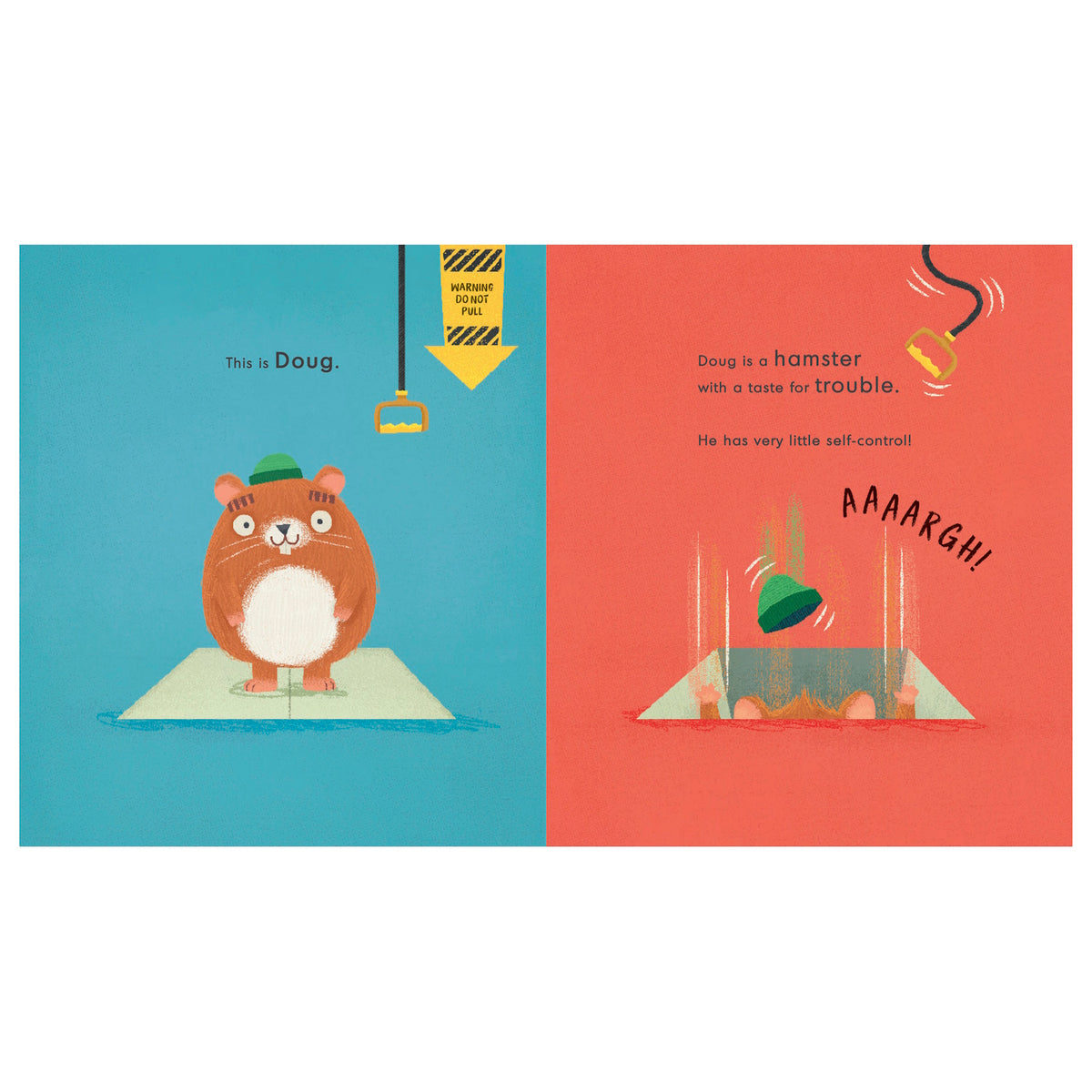 A children's book spread showing Doug the hamster, who gets into trouble by falling through a trap door after ignoring a warning.