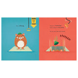 A children's book spread showing Doug the hamster, who gets into trouble by falling through a trap door after ignoring a warning.