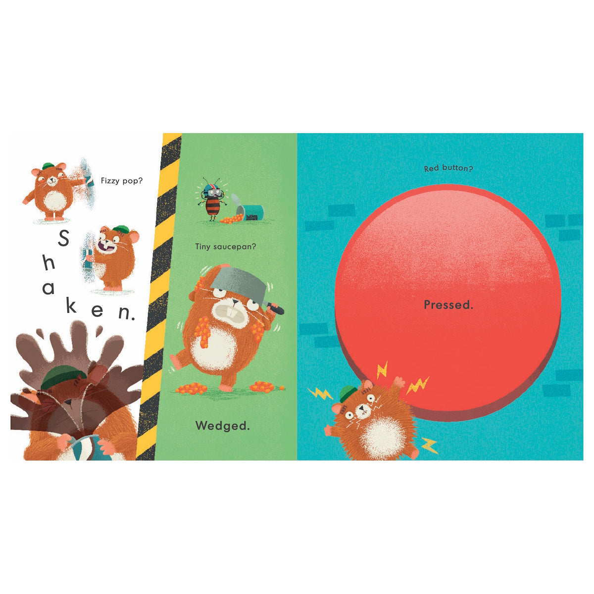 Children's book illustration showing a hamster shaking soda, wearing a saucepan, and pressing a large red button.