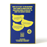 Back of blue and yellow "Don't Let It Slip" game box showing rules, challenges, and a QR code.