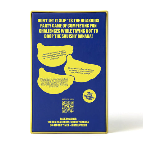 Back of blue and yellow "Don't Let It Slip" game box showing rules, challenges, and a QR code.