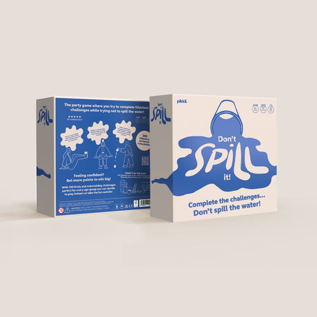 Front and back packaging for the Don't Spill It! party game box in blue and white.