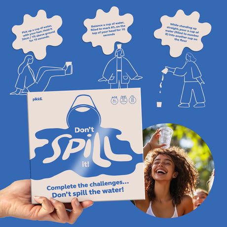 Don't Spill It game box held by a hand, showing water challenge illustrations and gameplay photo.
