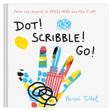 Dot! Scribble! Go! book cover by Hervé Tullet with a colorful handprint and abstract scribbles on white background.