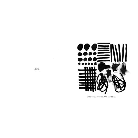 Black and white art illustration of dots, lines, smudges, and scribbles from the book Dot Scribble Go.