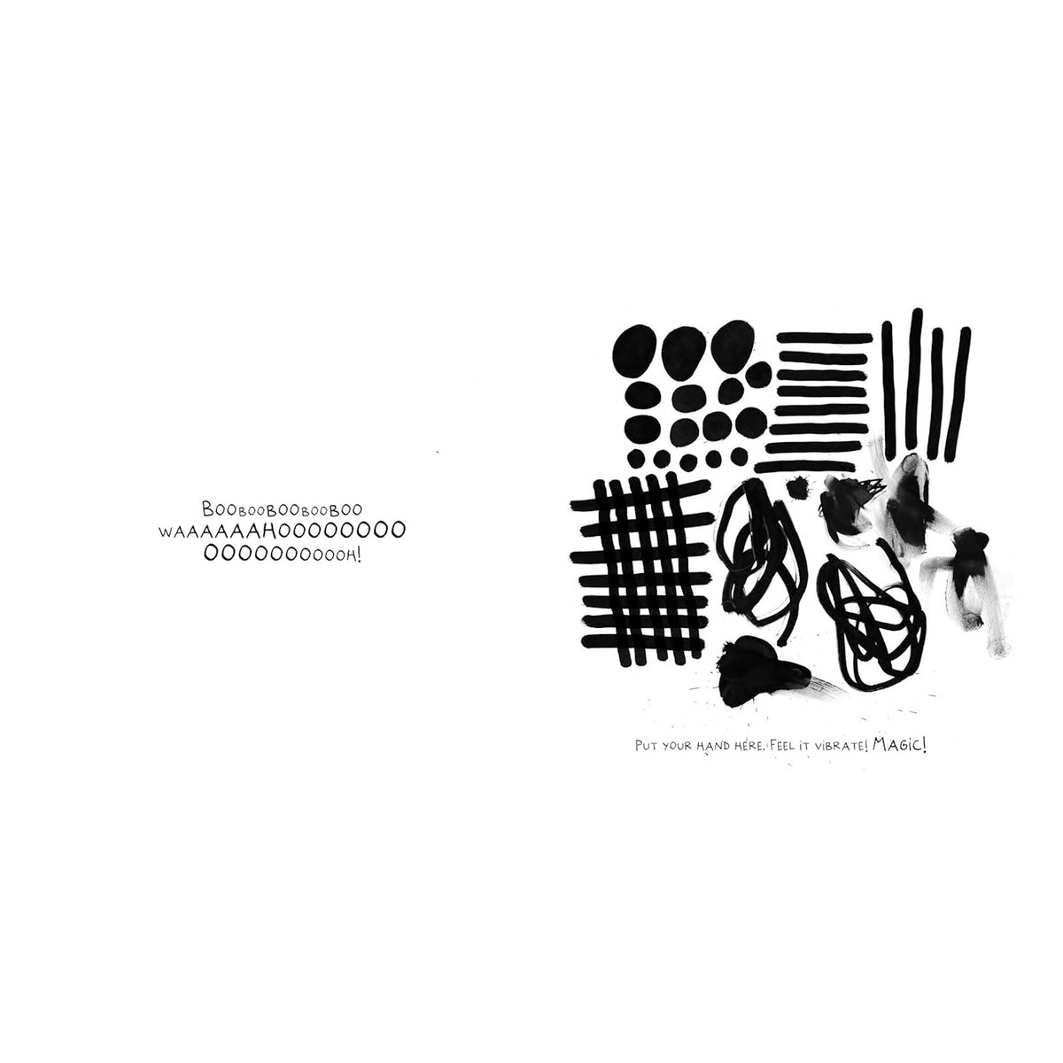 Black and white abstract ink scribbles, dots, and lines with playful text on a white page for a children's book.