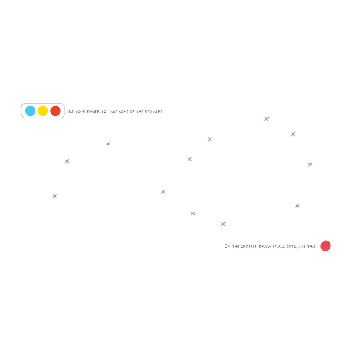 Interactive activity page for kids with instructions to draw red dots on small gray crosses across a white background.
