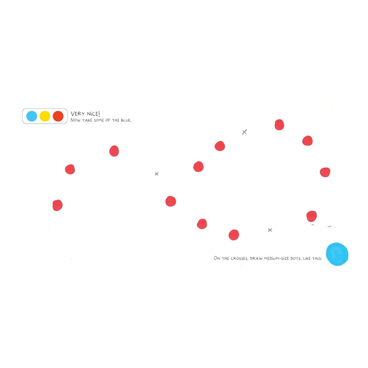 Interactive children's activity book page featuring red and blue dots with drawing instructions on a white background.