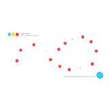 Interactive children's activity book page featuring red and blue dots with drawing instructions on a white background.